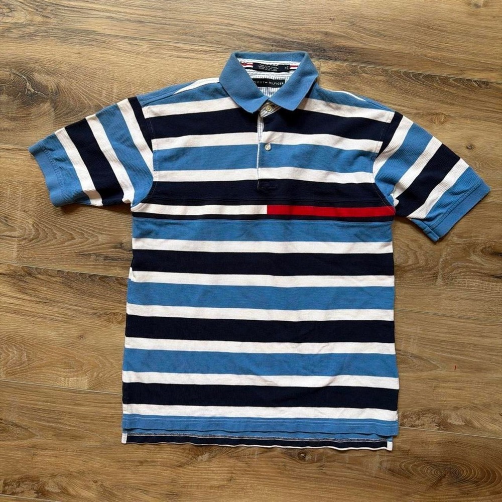 Vintage Tommy Hilfiger Mens 100% Cotton Striped Rugby Polo Shirt Size M Preppy